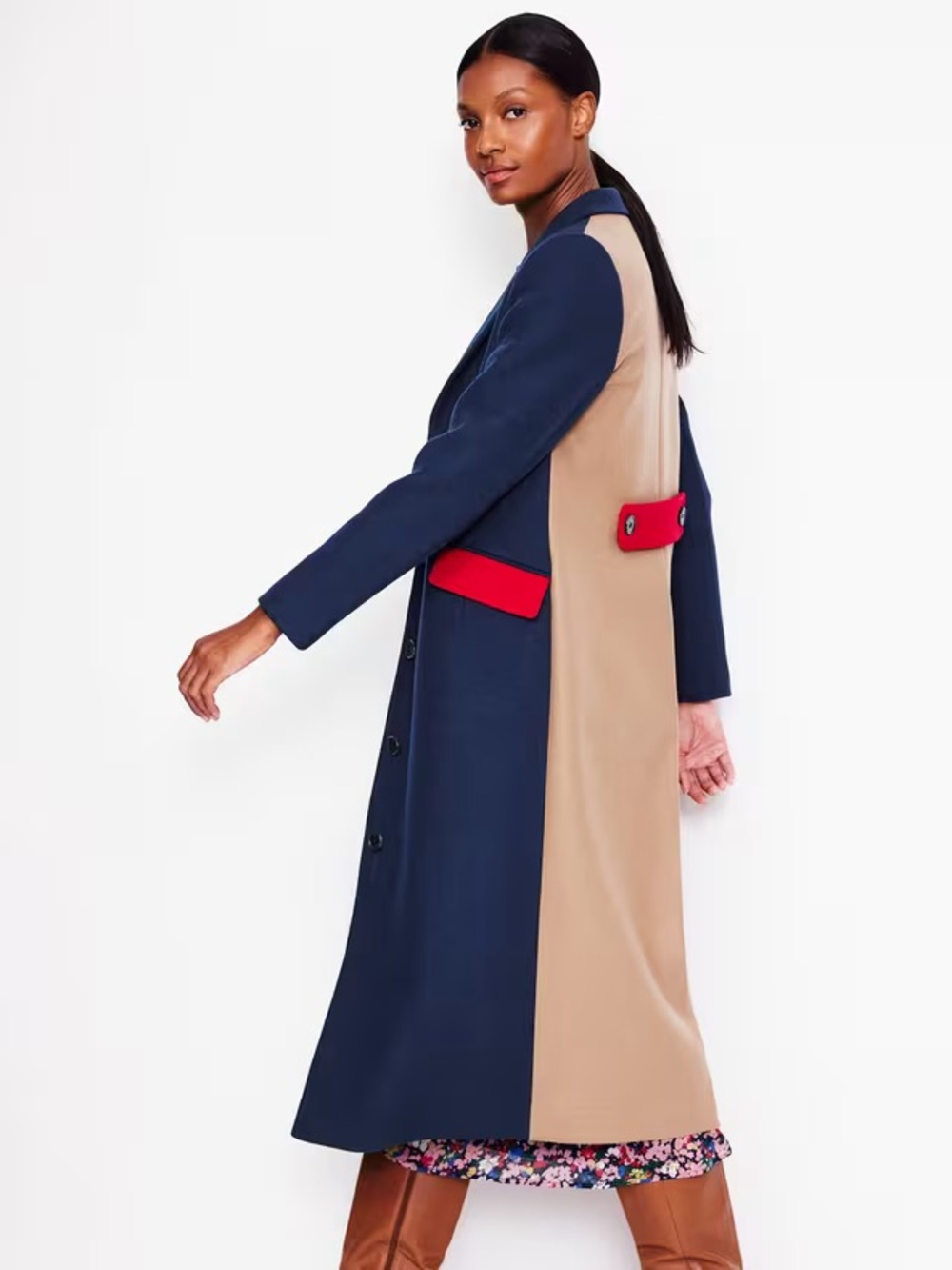 Boden Canterbury Navy, Camel and Red Colorblock Long Wool Coat